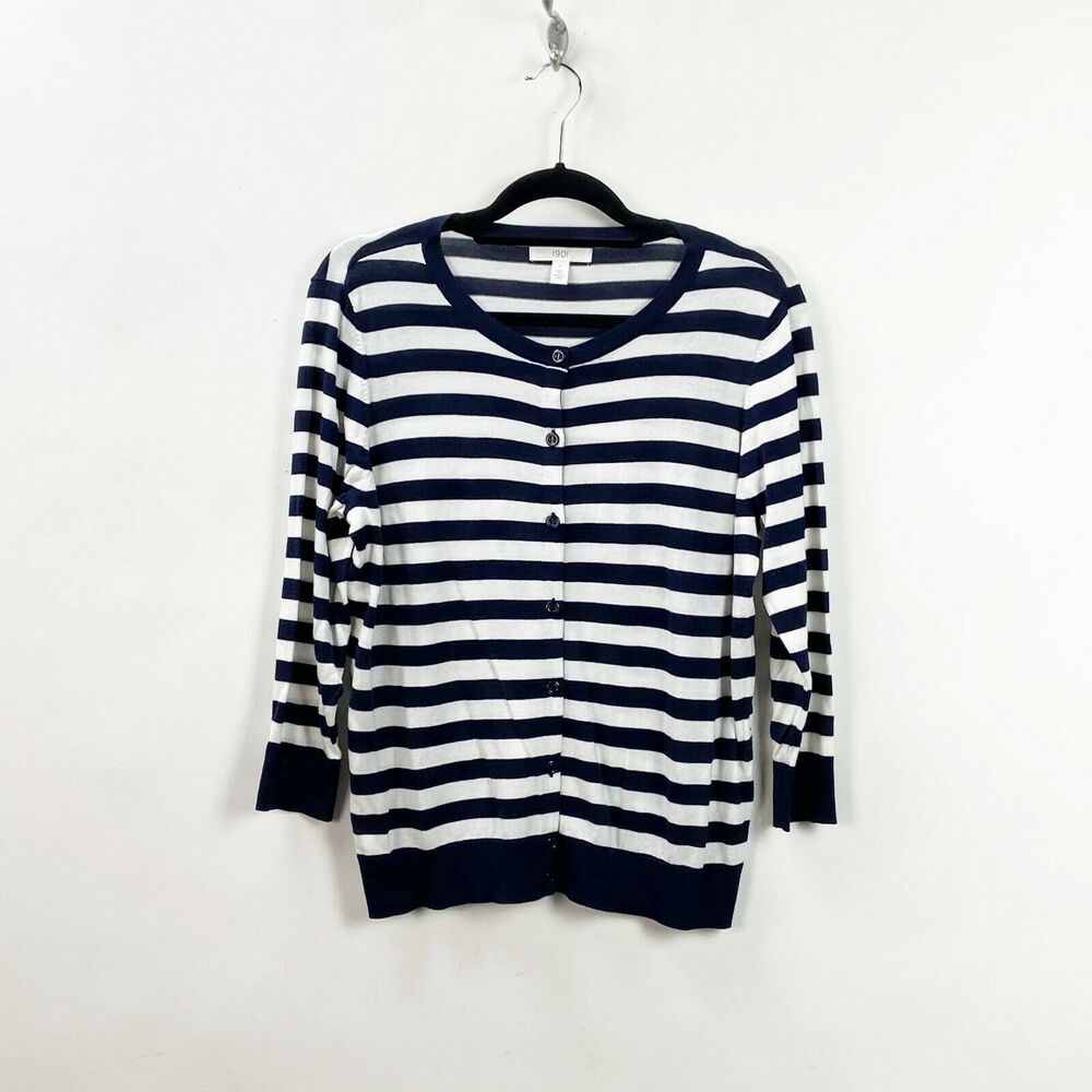1901 Large Womens Navy Blue White Striped Knit Cardigan Sweater